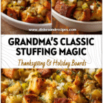 Golden bread stuffing baked with herbs and veggies, a traditional Thanksgiving side dish.